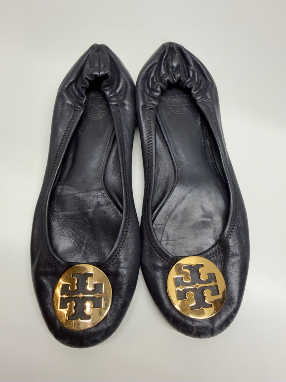 Tory Burch Reva Ballet Flats Slip On Leather Metal Logo TB Shoes Blue Size 10